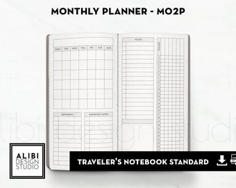 Standard TN, Monthly Planner Month at a Glance Month on Two Pages Travelers Notebook Printable Insert Habit Tracker Important Dates