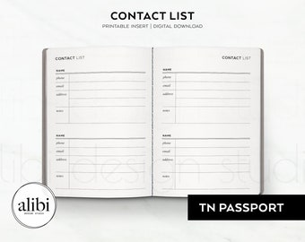 Passport TN Contact List Planner Inserts Contact Information Address Book Travelers Notebook Printable Inserts