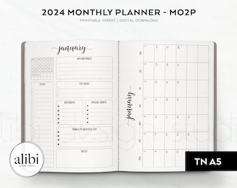 A5 TN 2024 Planner - 2024 Calendar A5 Travelers Notebook Printable Insert Refill Month at a Glance - Mo2P | MONDAY start