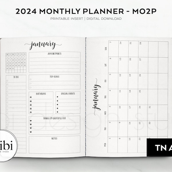 A5 TN 2024 Planner - 2024 Calendar A5 Travelers Notebook Printable Insert Refill Month at a Glance - Mo2P | MONDAY start