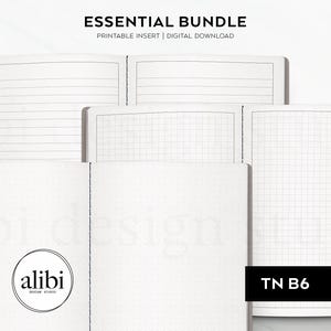 May include: A set of printable notebook inserts for a traveler's notebook. The inserts include lined, grid, and blank pages. The inserts are labeled "TN B6".