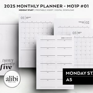 Planificador mensual A5 2025 Mes 2025 de un vistazo Mes en una página Calendario Mo1P 2025 Insertos de planificador imprimibles A5 / INICIO DEL LUNES