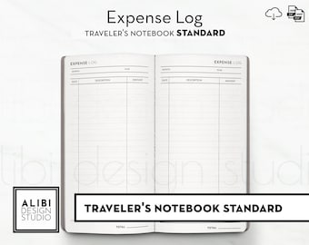 May include: A black and white notebook with the title "Expense Log" and "Traveler's Notebook Standard" printed on the cover. The notebook has lined pages for recording expenses.