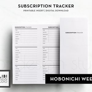 Op de afbeelding: Een printbare abonnementen tracker-inleg voor de Hobonichi Weeks-planner. De inleg heeft twee pagina's met kolommen voor naam, startdatum, einddatum, bedrag, frequentie, status en notities.