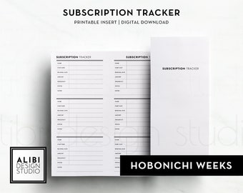 May include: A white printable subscription tracker insert for Hobonichi Weeks planners. The document features black text and lines with fields for name, start date, renewal date, amount, frequency, status, and notes. The header reads Subscription Tracker.