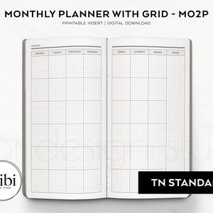 Standard TN Monthly Planner Undated Calendar with GRID Month on 2 Pages Travelers Notebook Printable Inserts Monthly Planner Student Planner