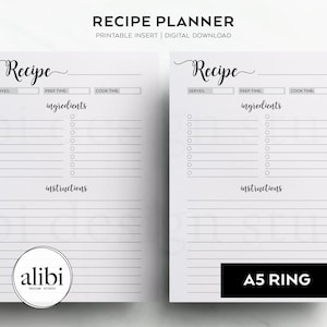 Op de afbeelding: Een wit receptenplanner printbaar inzetstuk met zwarte tekst. De lay-out bevat velden voor receptnaam, porties, voorbereidingstijd en kooktijd, gevolgd door twee kolommen voor ingrediënten met selectievakjes en een sectie voor instructies met lijnen.
