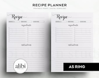 A5 Recipe Planner, Recipe Book A5 Recipe Journal Recipe Binder A5 Printable Planner Inserts Recipe