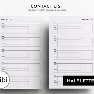 Half Letter Contact List Planner Inserts Contact Information Address Book Half Letter Printable Planner Inserts