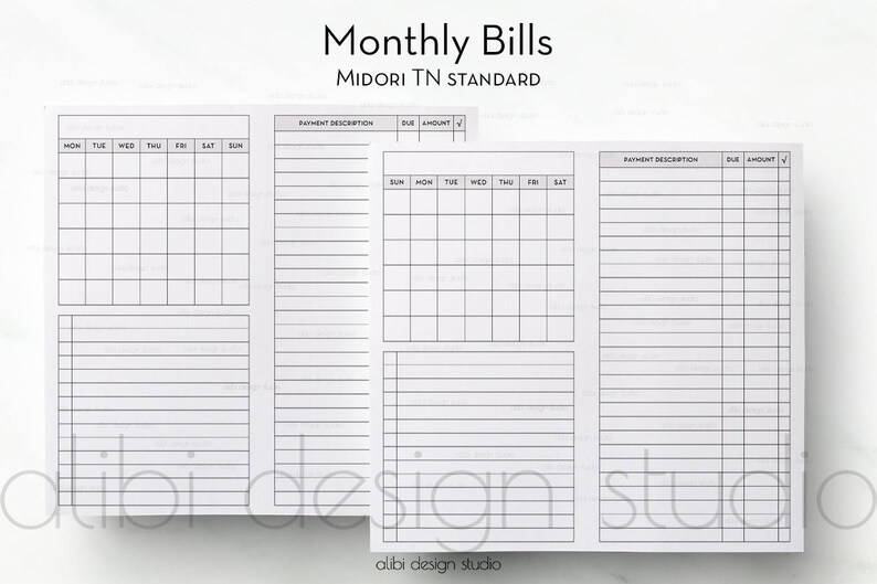 Standard TN Monthly Planner Month on 2 Pages Bill Tracker - Etsy