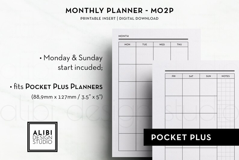 Pocket Plus Monthly Planner Undated Calendar Pocket XL Printable ...