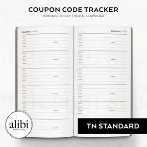 Puede incluir: Inserción imprimible para un cuaderno de viaje para rastrear códigos de cupón. La inserción tiene dos páginas con líneas para escribir los códigos de cupón y la tienda o el sitio web correspondiente.