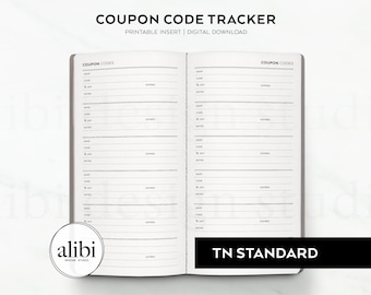 Standard TN Printable Coupon Code Tracker Shopping Budget Planner Travelers Notebook Printable Inserts