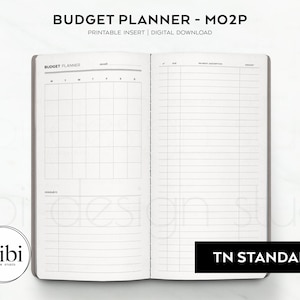 Pode incluir: Um inserto de planificador de orçamento imprimível para um caderno de viagem. O inserto tem uma grade na página esquerda e papel pautado na página direita. O texto "BUDGET PLANNER - MO2P" está no topo da página. O texto "TN STANDARD" está na parte inferior da página direita.