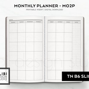 May include: A printable monthly planner insert for a TN B6 Slim notebook. The planner has a grid layout with spaces for each day of the week and a notes section.
