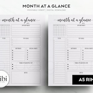 Op de afbeelding: Twee identieke witte planner-inlays met zwarte tekst en lijnen, getiteld Month at a Glance. Elke pagina bevat een kalenderrooster en secties voor afspraken, takenlijsten, doelen, verjaardagen, speciale evenementen, dankbaarheid en notities.