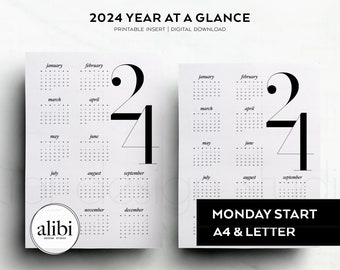 A4 and US Letter Size 2024 Year At A Glance Dashboard 2024 Calendar  Printable Planner Inserts - MONDAY start