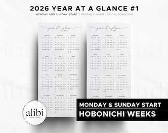 Printable Hobonichi Weeks 2026 Calendar Year at a Glance Hobo Weeks Planner Insert | Instant Download PDF | Monday and Sunday Start