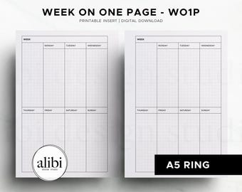 A5 Undated Weekly Planner Insert | WO1P Grid Layout | Minimal Week on One Page PDF Digital Download, A5 Printable Planner Inserts