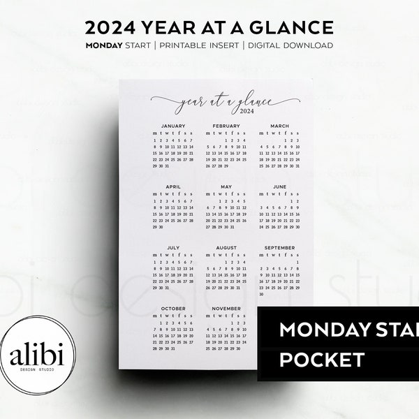 Pocket 2024 Year At A Glance Dashboard 2024 Calendar Pocket Printable Planner Inserts - MONDAY start