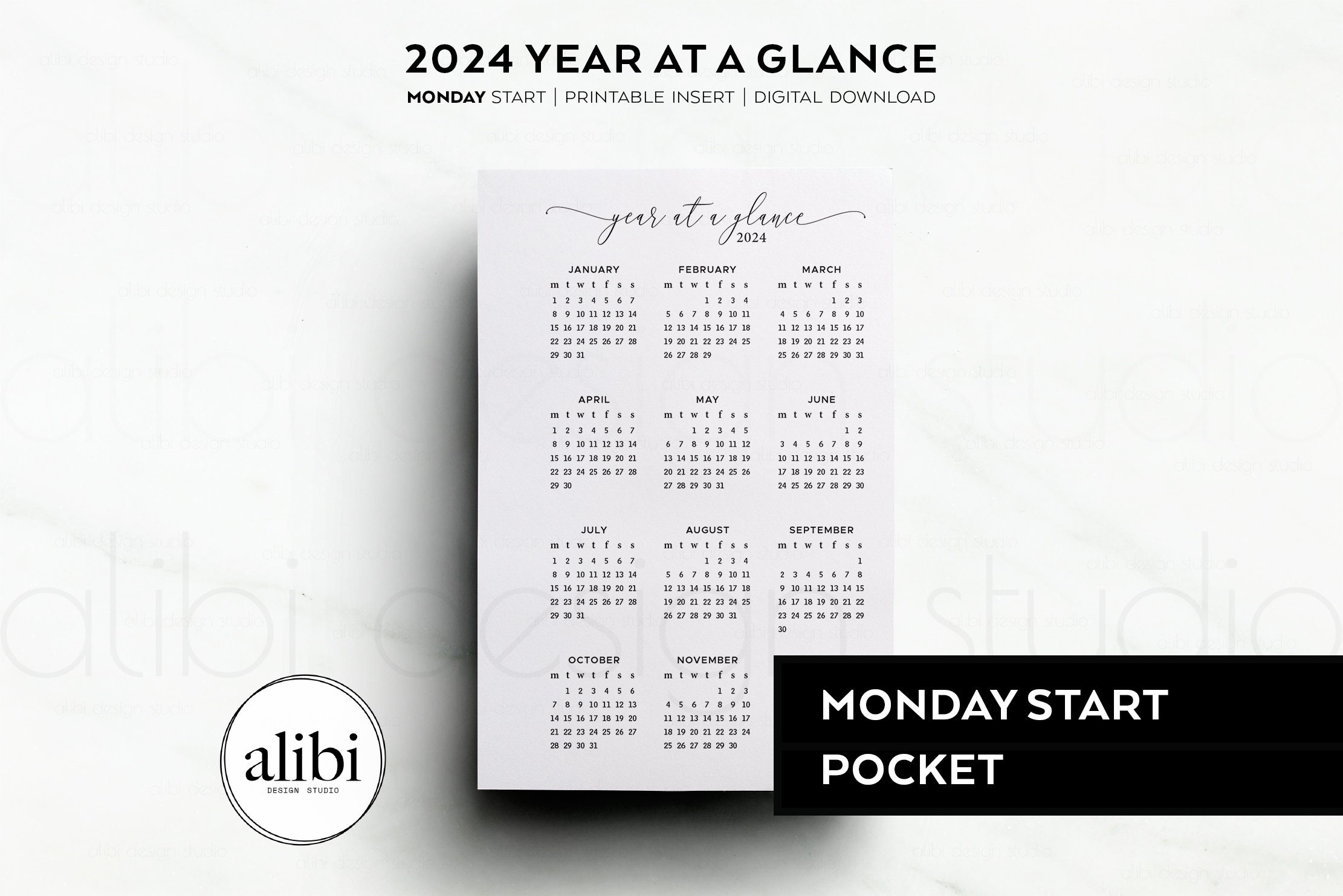 Pocket 2024 Year at A Glance Dashboard 2024 Calendar Pocket Printable  Planner Inserts MONDAY Start - Etsy