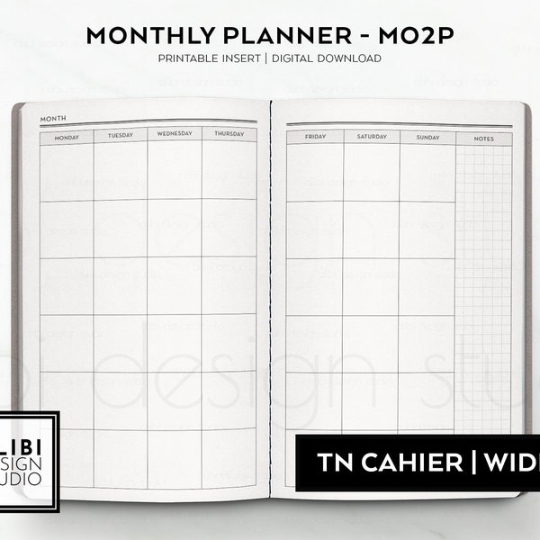Cahier TN Monthly Planner Undated Calendar Month on 2 Pages Monthly Overview Wide Cahier Travelers Notebook Printable Inserts | Mo2P