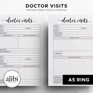Può includere: Due inserti stampabili per visite mediche con un design minimalista. Ogni pagina presenta sezioni per nome, data, medico, informazioni di contatto, motivo della visita, note e domande. Il testo "Doctor Visits" è in alto.