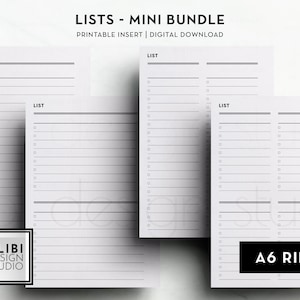 Puede incluir: Un conjunto de cuatro páginas de lista imprimibles en un estilo minimalista. Las páginas están diseñadas para su uso en una carpeta de anillas A6. El texto "LISTS - MINI BUNDLE" y "PRINTABLE INSERT | DIGITAL DOWNLOAD" está en la parte superior de la página. El texto "A6 RING" está en la parte inferior de la página.