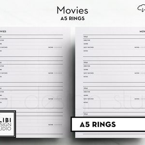 A5 Movie Planner Movie Library Movie Reviews A5 Printable Planner Inserts Movie Tracker Watch List Movie List