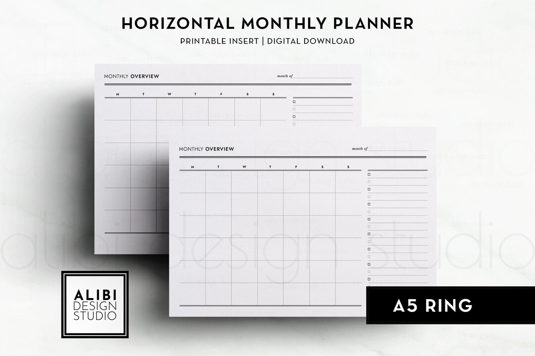 A5, Horizontal Monthly Planner Month at a Glance Monthly Overview A5 ...