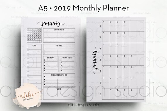 a5 monthly planner 2019 calendar for a5 planner monthly etsy monthly birthday calendar