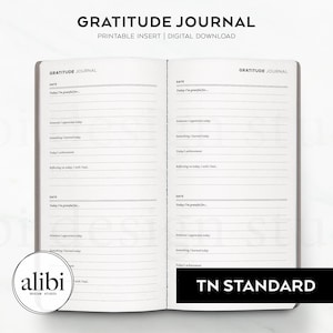 May include: A printable gratitude journal insert for a traveller's notebook. The insert has a simple design with lines for writing down things you are grateful for each day. The text "GRATITUDE JOURNAL" is printed at the top of the page.