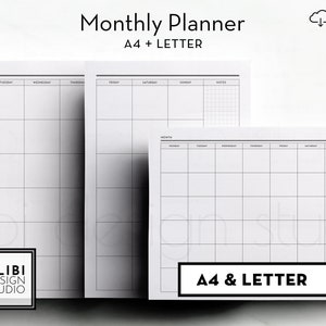 Planificador mensual tamaño carta A4 de EE. UU. Calendario sin fecha Mes en 2 páginas Resumen mensual Insertos de planificador imprimibles / Mo2P
