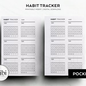 May include: Black and white printable habit tracker with a monthly calendar layout. The tracker has six sections for tracking habits, with each section having a space for the habit name and a grid for marking days. The text "HABIT TRACKER" and "POCKET" are visible on the page.