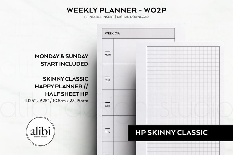 May include: Printable weekly planner template with a gridded section for notes and a column for each day of the week. The planner is designed for a skinny classic happy planner and is 4.125 inches by 9.25 inches or 10.5 cm by 23.495 cm.