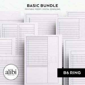Könnte beinhalten: Ein Set druckbarer Planer-Einsätze für einen B6-Ringbinder. Das Set enthält verschiedene Seiten mit unterschiedlichen Layouts, darunter linierte, karierte und Punktraster. Die Seiten sind alle weiß und haben schwarze Linien. Der Text "BASIC BUNDLE" und "B6 RING" ist im Bild sichtbar.
