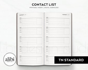 Standard TN Contact List Planner Inserts Contact Information Address Book Travelers Notebook Printable Inserts