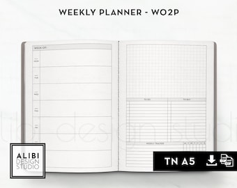 May include: A weekly planner with a gridded page for notes and a page for daily scheduling. The planner is labeled "Weekly Planner - WO2P" and "TN A5".