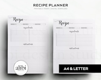 A4 Letter - Recipe Planner Recipe Book Printable Recipe Journal Recipe Binder Recipe Card Recipes, Recipe Printable Planner