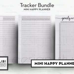 May include: A printable tracker bundle for a mini happy planner. The bundle includes three pages: a blank page with lines, a monthly calendar grid, and a yearly overview grid. The text "Tracker Bundle" and "Mini Happy Planner" is printed at the top of the page. The text "yearly overview" is printed at the top of the yearly overview page.