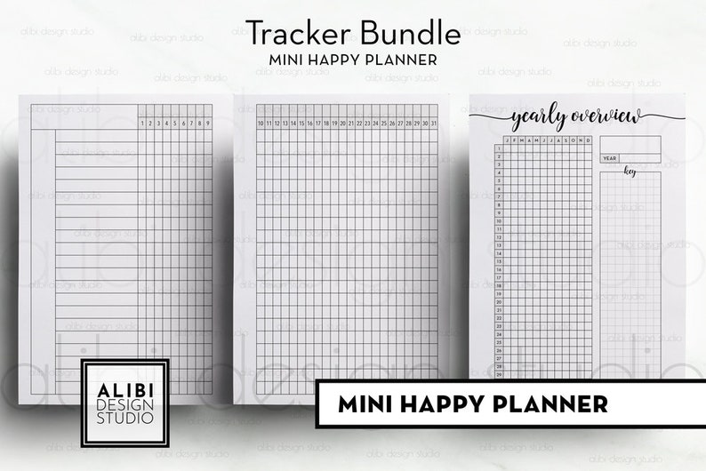 May include: A printable tracker bundle for a mini happy planner. The bundle includes three pages: a blank page with lines, a monthly calendar grid, and a yearly overview grid. The text "Tracker Bundle" and "Mini Happy Planner" is printed at the top of the page. The text "yearly overview" is printed at the top of the yearly overview page.
