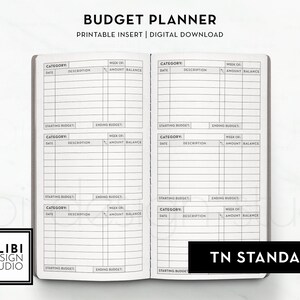May include: Open budget planner with a white interior and a grey cover. The planner is open to a spread with multiple sections for tracking finances, including categories, descriptions, amounts, and balances. Text at the top reads "BUDGET PLANNER".