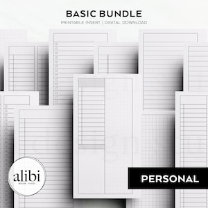May include: A selection of printable planner inserts, featuring lined, dot grid, and to-do list layouts. The inserts are in various sizes. The text "BASIC BUNDLE" and "PRINTABLE INSERT | DIGITAL DOWNLOAD" are at the top. The word "PERSONAL" is at the bottom.