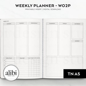 A5 TN Weekly Planner Week on 2 Pages Traveler's Notebook Printable Insert Refill Habit Tracker Grid Paper Meal Planner | Vertical Weekly