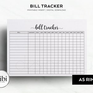 A5 Bill Tracker Financial Planner A5 Printable Planner Inserts Budget Planner Expense Tracker