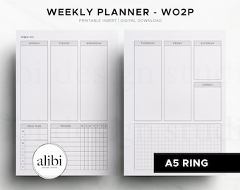 A5 Weekly Planner Week on 2 Pages Grid Paper A5 Printable Planner Inserts Vertical Weekly Overview Habit Tracker Meal Planner