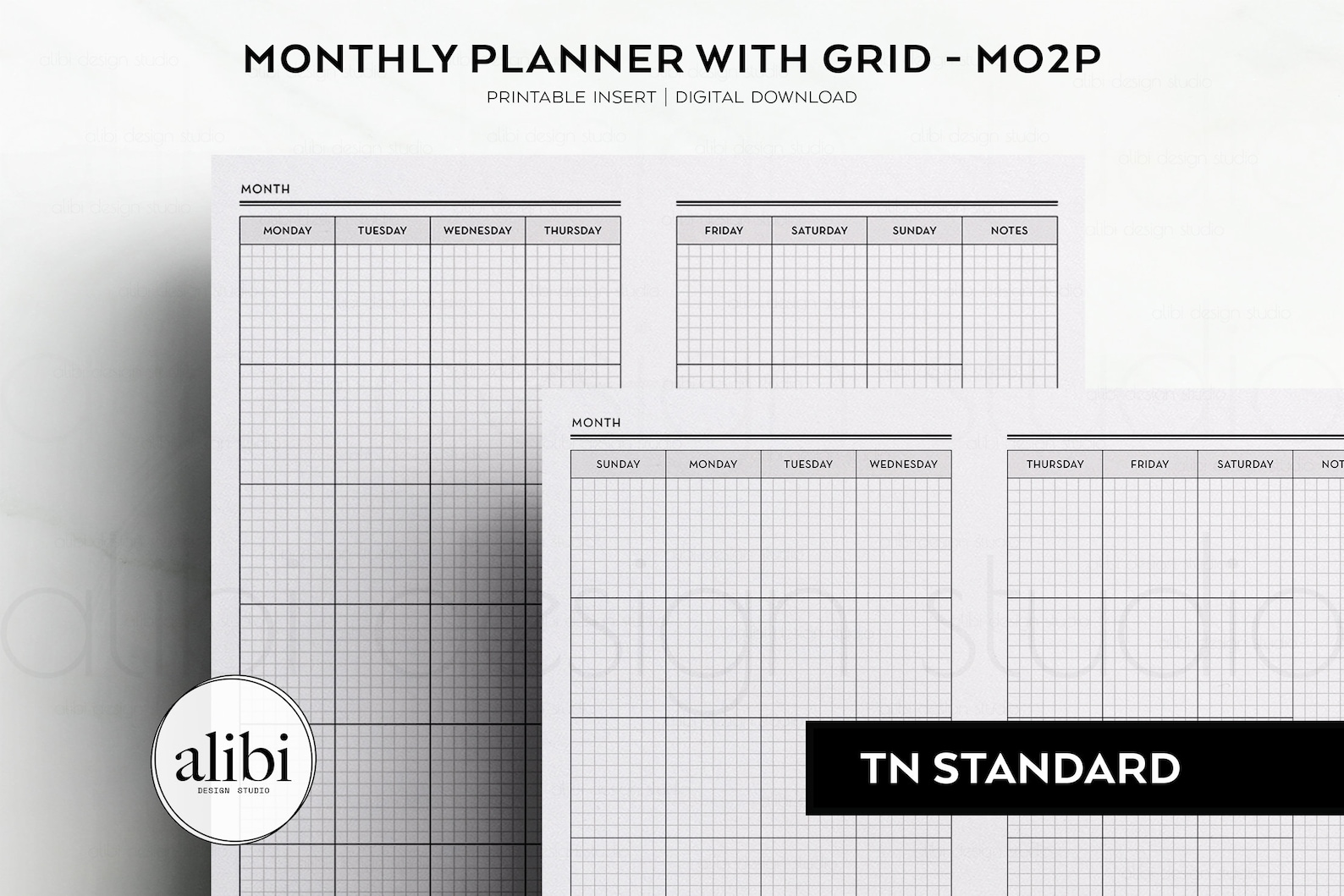 Standard TN Monthly Planner Undated Calendar With GRID Month on 2 Pages ...