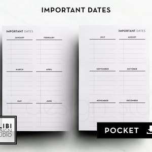 May include: A printable pocket-sized planner with a black and white design. The planner is divided into two pages, each with six sections for each month of the year. The text "IMPORTANT DATES" is at the top of each page.