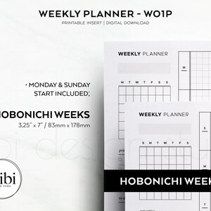 May include: Printable weekly planner insert for a Hobonichi Weeks planner. The planner includes Monday and Sunday, and measures 3.25 inches by 7 inches.