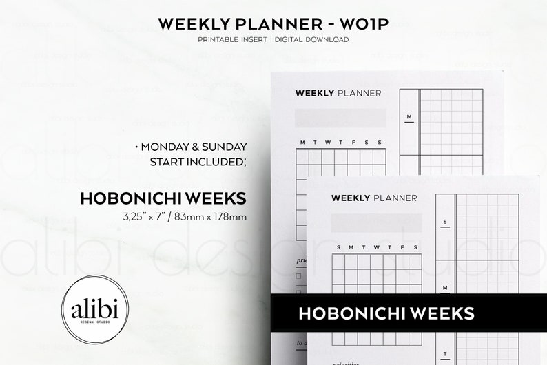 May include: Printable weekly planner insert for a Hobonichi Weeks planner. The planner includes Monday and Sunday, and measures 3.25 inches by 7 inches.